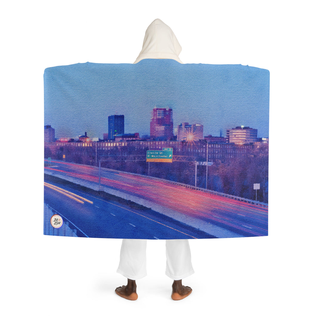 Manchester Night Skyline Ink Link Hooded Sherpa Fleece Blanket